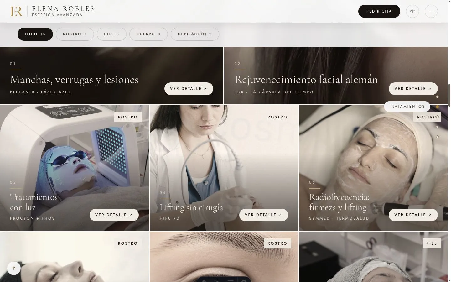 Fifteen treatments, filterable, each opening as its own sheet